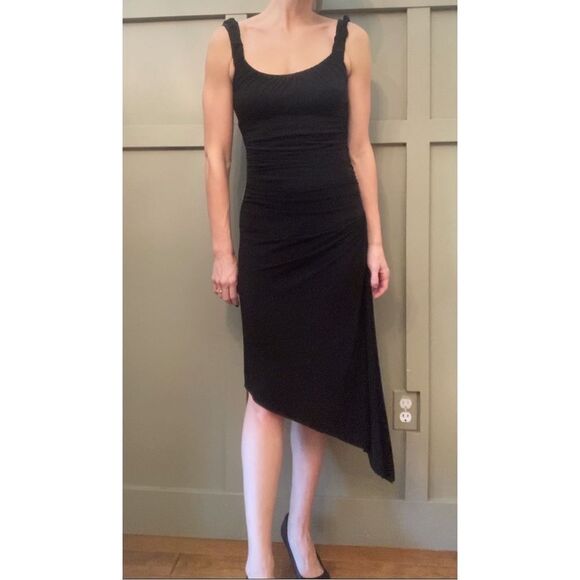 BCBG maxAzria ruched asymmetric hem midi dress black size XS - Picture 15 of 15